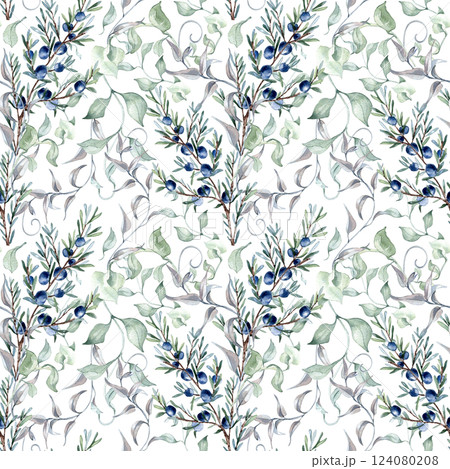 Seamless watercolor pattern of juniper twigs and winding vines isolated. Hand drawing in soft sage green. Elegant botanical design for textiles, wedding decor, wrapping paper, greenery backgrounds. 124080208