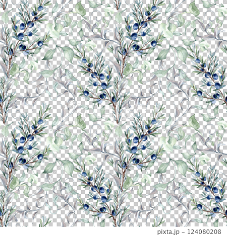 Seamless watercolor pattern of juniper twigs and winding vines isolated. Hand drawing in soft sage green. Elegant botanical design for textiles, wedding decor, wrapping paper, greenery backgrounds. 124080208