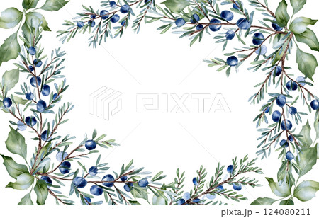 Leaves sage green tones and juniper branches watercolor border isolated on white. Hand drawn botanical greenery frame for wedding invitations, packaging. Soft dusty green foliage greeting card design. 124080211