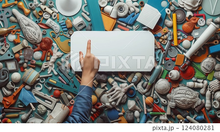 A person points at a blank, floating label against a detailed backdrop filled with various objects. A person points at a blank, floating label against a detailed backdrop filled with various objects. 124080281