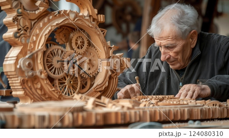An elderly Swiss woodworker meticulously carves an intricate wooden clock, showcasing horology. 124080310