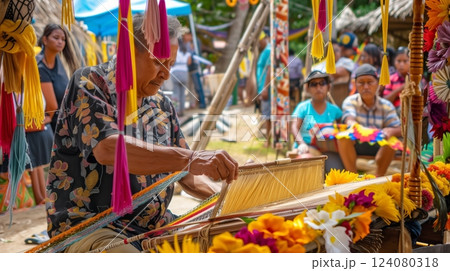 A man showcases ancient weaving at a cultural festival, surrounded by curious onlookers and vibrant decor. 124080318