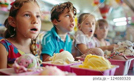 In a vibrant ice cream parlor, excited children eagerly choose favorite flavors and create personalized treats. 124080320