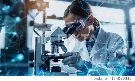 In a high-tech lab, a scientist peers through a microscope, aiming to unlock a biological puzzle. 124080335