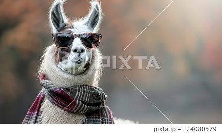 A llama in sunglasses and a scarf gazes moodily at the camera, exuding an aura of effortless cool. 124080379