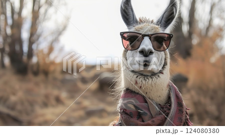 A llama stylishly dons sunglasses and a scarf, moodily posing for a high-fashion shoot with whimsical charm. 124080380