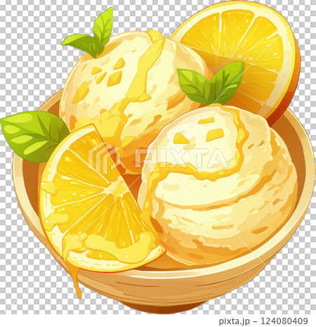 Delightful Kawaii Style Lemon Ice Cream Scoops with Fresh Citrus Slices in a Wooden Bowl Delightful Kawaii Style Lemon Ice Cream Scoops with Fresh Citrus Slices in a Wooden Bowl 124080409