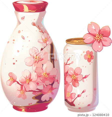 Elegant sake bottle and can with cherry blossoms Elegant sake bottle and can with cherry blossoms 124080410