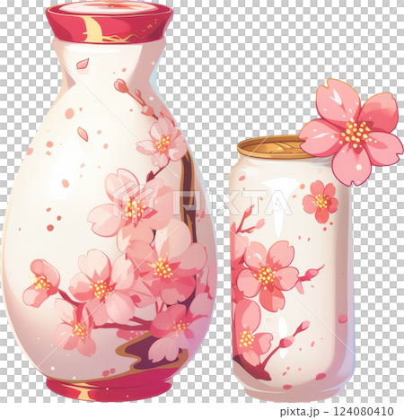 Elegant sake bottle and can with cherry blossoms 124080410