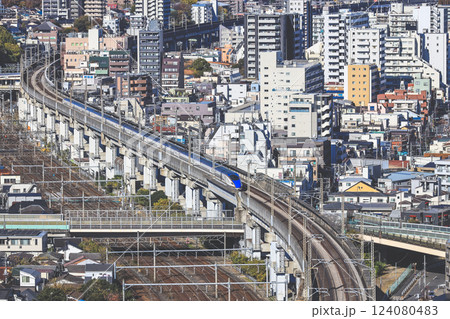 Train on Elevated Tracks in an Urban Cityscape, Tokyo Dec 6 2024 124080483