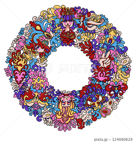 A vibrant vector wreath featuring female faces, stylized floral ornaments in psychedelic style in vivid colors. A vibrant vector wreath featuring female faces, stylized floral ornaments in psychedelic style in vivid colors. 124080628
