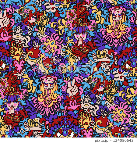 A vibrant seamless pattern with female faces, flowers, and decorative elements in psychedelic style A vibrant seamless pattern with female faces, flowers, and decorative elements in psychedelic style 124080642
