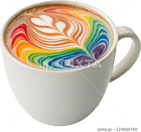 Vibrant Rainbow Swirl Latte in a White Ceramic Mug   Artful Coffee Drink Photography 124080760