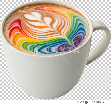 Vibrant Rainbow Swirl Latte in a White Ceramic Mug   Artful Coffee Drink Photography 124080760