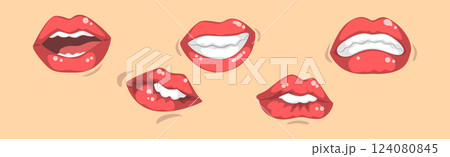 Lips and Mouth with Tongue and Teeth Vector Set 124080845