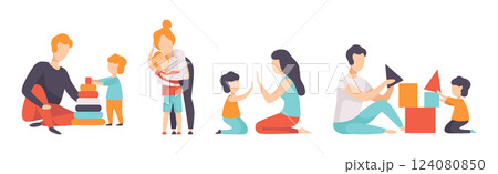 Man and Woman Parent Playing with Kids Vector Set 124080850