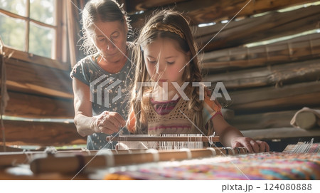 A young girl learns to weave on a loom, guided by her grandmother, as sunlight fills their wooden cabin. A young girl learns to weave on a loom, guided by her grandmother, as sunlight fills their wooden cabin. 124080888