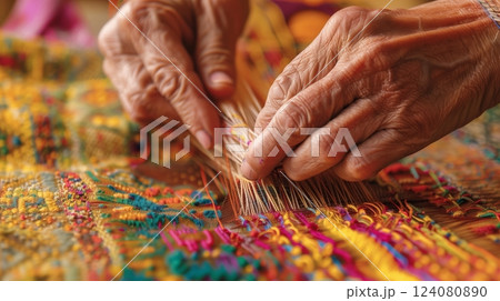 Artisan's skilled hands weave vibrant, naturally dyed threads, showcasing craftsmanship and traditional techniques. 124080890