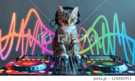 A cat on a DJ deck, headphones on, mixing beats amid colorful sound waves. DJ Kitty rocks the dance crowd! 124080951