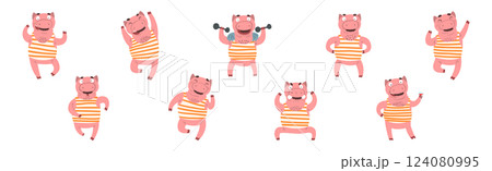 Pink Humanized Pig in Striped Shirt with Mustache in Different Action Vector Set Pink Humanized Pig in Striped Shirt with Mustache in Different Action Vector Set 124080995
