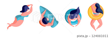Man and Woman at Beach and Seashore Sunbathing Vector Set 124081011