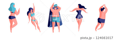 Man and Woman at Beach and Seashore Sunbathing Vector Set 124081017