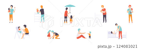 Dad Takes Care and Nursing His Little Kid Vector Set Dad Takes Care and Nursing His Little Kid Vector Set 124081021
