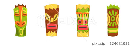 Tribal Mask Made of Wood with Carved Ornament Vector Set 124081031