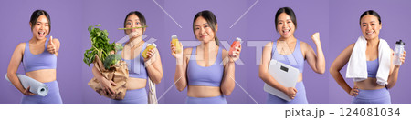 Asian lady engages in a series of healthy lifestyle activities, including holding fitness gear, fresh produce, and nutritious drinks, promoting wellness and fitness choices. 124081034