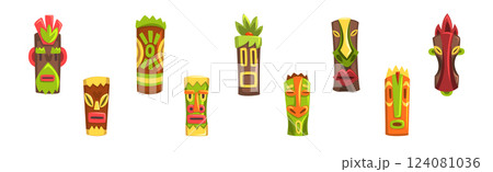 Tribal Mask Made of Wood with Carved Ornament Vector Set 124081036
