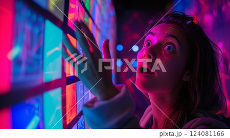 A young woman touches a luminescent wall that changes colors, creating a mesmerizing visual experience. 124081166