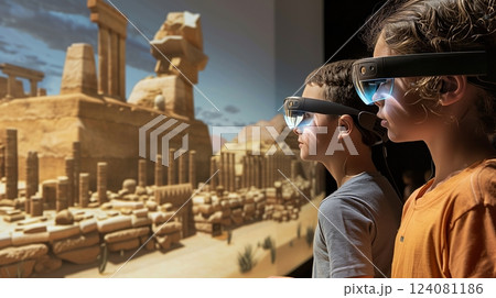 Children wearing AR glasses explore an ancient civilization with digitally animated ruins bringing history to life. 124081186