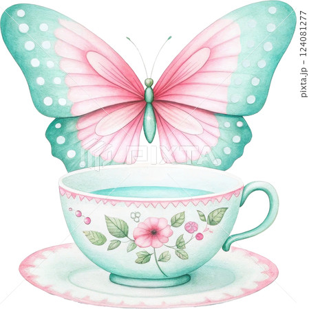 Whimsical Butterfly and Floral Decorated Tea Cup on Mint Green Saucer Whimsical Butterfly and Floral Decorated Tea Cup on Mint Green Saucer 124081277