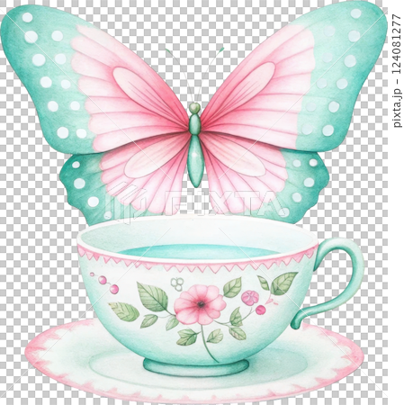 Whimsical Butterfly and Floral Decorated Tea Cup on Mint Green Saucer Whimsical Butterfly and Floral Decorated Tea Cup on Mint Green Saucer 124081277