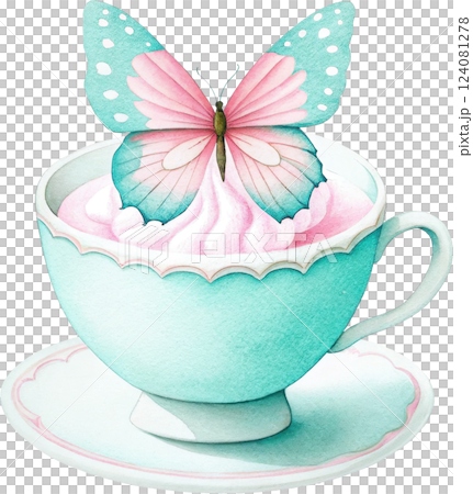 Whimsical Butterfly Teacup with Floral Decor on Pastel Table 124081278