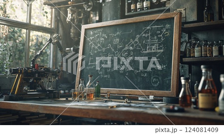 A rustic laboratory with a chalkboard filled with complex equations, beakers, and scientific instruments scattered on a workbench, evoking creativity and innovation in an old-world scientist 124081409