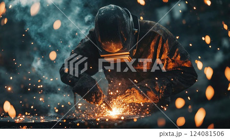 A skilled welder in protective gear works intensely in a dark workshop, sparks flying from the metal. The dramatic contrast of light and smoke highlights the dynamic process of metalworking and A skilled welder in protective gear works intensely in a dark workshop, sparks flying from the metal. The dramatic contrast of light and smoke highlights the dynamic process of metalworking and 124081506