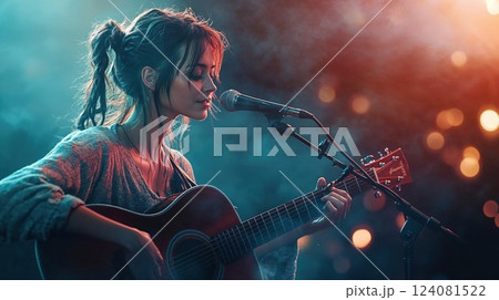 A young woman with a guitar passionately performs under soft stage lighting. Her intimate performance creates an emotional connection with the audience, captured in a warm glow of colored lights 124081522