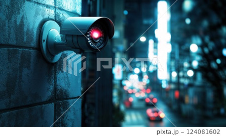 A close-up of a CCTV camera mounted on a wall, glowing red at night with a blurred cityscape background. This captures the essence of modern surveillance in urban environments 124081602