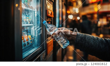 A person reaching for a bottled water from a vending machine in a brightly lit area, showcasing convenience and refreshment in an urban environment at night 124081612