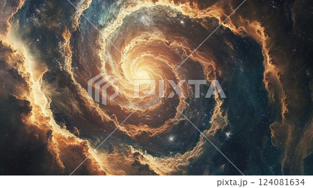 mesmerizing view of a distant spiral galaxy, with swirling clouds of cosmic dust and stars. The intense orange and blue hues create a spectacular visual, capturing the vastness and beauty of the 124081634