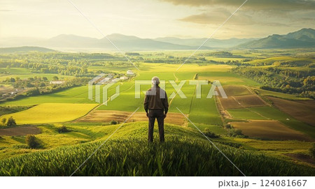A senior man gazes out over a vast green landscape, standing on a hilltop at sunset. The expansive view of the rolling fields and distant mountains evokes a sense of peace and contemplation in nature 124081667