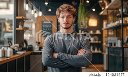 A young man stands confidently with his arms crossed in a cozy, modern coffee shop, exuding a relaxed and friendly vibe. The warm interior light highlights his confident expression and youthful energy 124081675
