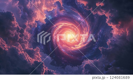 A mesmerizing view of a spiral galaxy in deep space, swirling with vibrant purple, pink, and blue hues. The cosmic clouds and stars shine brightly, creating an awe-inspiring visual of the universe 124081689