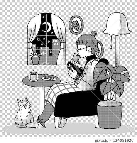 夜に室内で読書している女性　モノクロ　透過 124081920