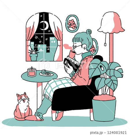 夜に室内で読書している女性　カラー　透過 124081921