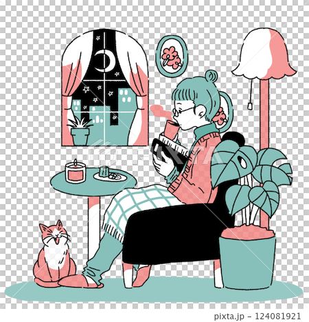 晚上在室內看書的女人，彩色，透明 124081921