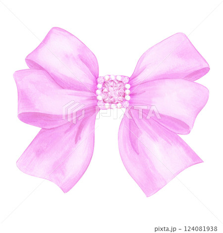 Hand drawn watercolor pink bow with gemstones isolated on white background. Can be used for cards, label and other printed products. 124081938