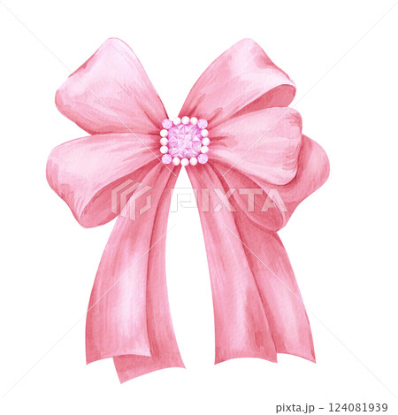 Hand drawn watercolor red bow with gemstones isolated on white background. Can be used for cards, label and other printed products. Hand drawn watercolor red bow with gemstones isolated on white background. Can be used for cards, label and other printed products. 124081939