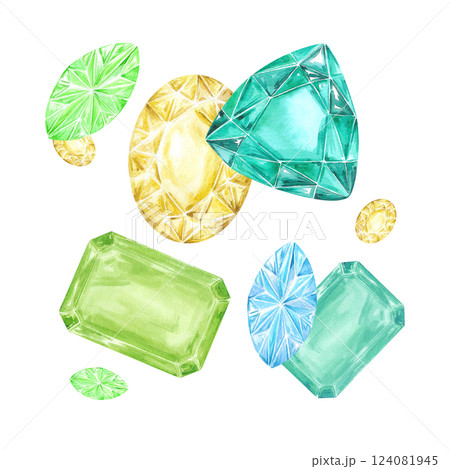 Hand drawn watercolor gemstones composition. Aquamarine zircon peridot isolated on white background. Can be used for cards, label and other printed products. Hand drawn watercolor gemstones composition. Aquamarine zircon peridot isolated on white background. Can be used for cards, label and other printed products. 124081945